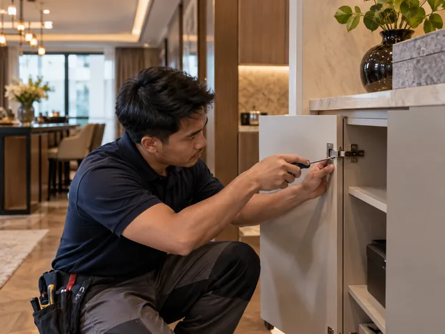 Maintenance technician repairing cabinetry in a modern interior